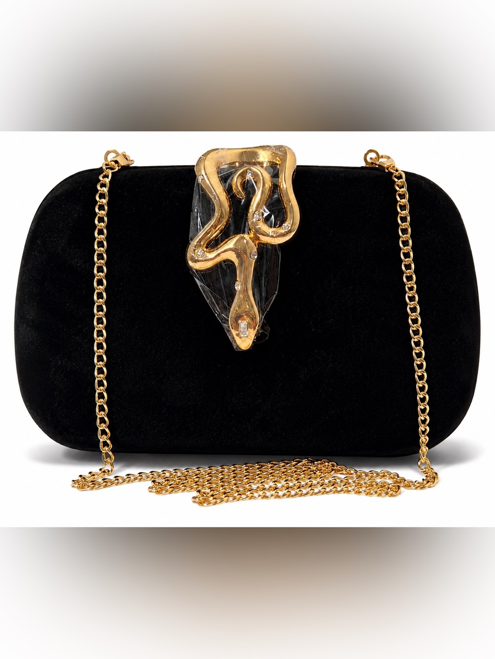 Nodeber Black Velvet Clutch Snake Clasp Gold tone Chain Evening formal Bag NWT